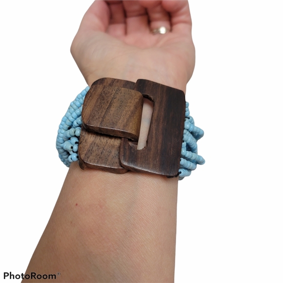Stretch Cuff Style Real Wood Walnut Statement Bracelet - Picture 8 of 8